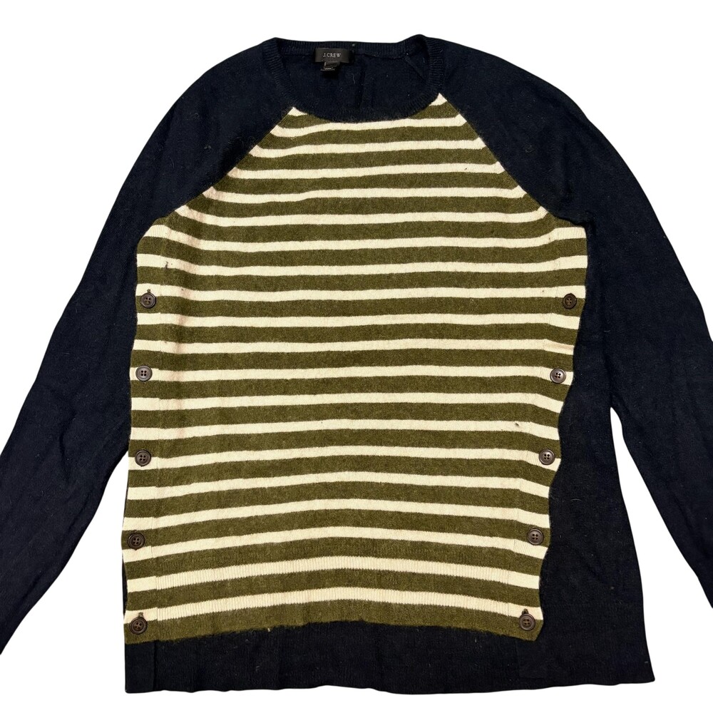 J Crew Sweater Womens Medium Navy Green Stripe Button Side elbow patches